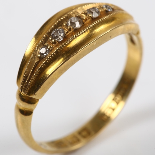 173 - An early 20th century 18ct gold graduated five stone diamond half hoop ring, set with single-cut dia... 