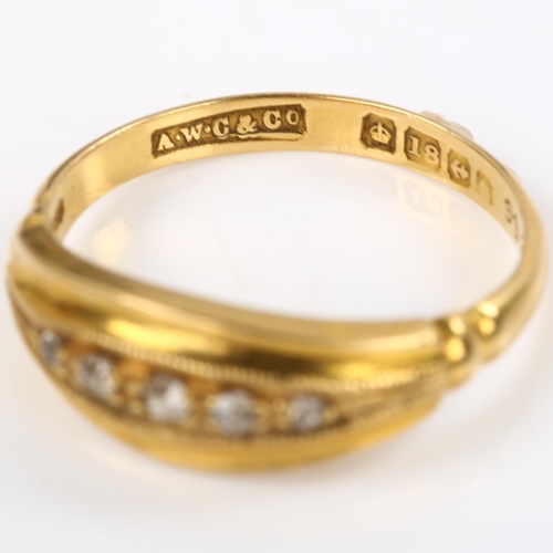 173 - An early 20th century 18ct gold graduated five stone diamond half hoop ring, set with single-cut dia... 