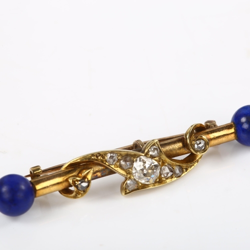 176 - An Antique lapis lazuli and diamond bar brooch, unmarked gold settings with old and rose-cut diamond... 