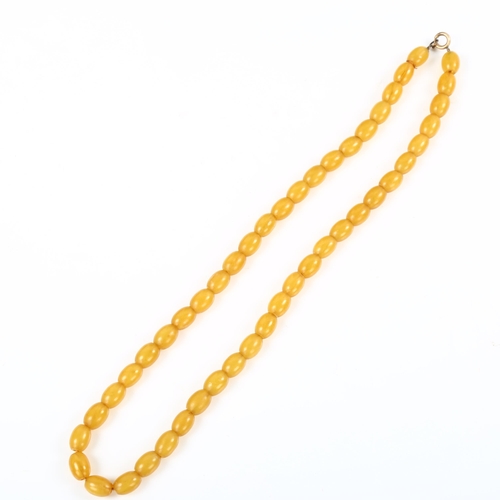 182 - A single-strand pale amber bead necklace, bead lengths 9.5mm, necklace length 42cm, 17.1g