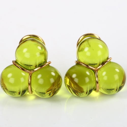 185 - BACCARAT - a pair of 18ct gold green crystal clip earrings, etched signature, earring height 17mm, 1... 