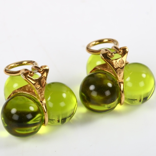 185 - BACCARAT - a pair of 18ct gold green crystal clip earrings, etched signature, earring height 17mm, 1... 