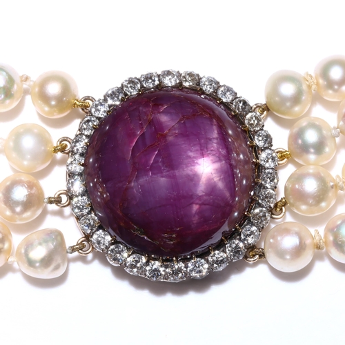 186 - A 155ct Burma no-heat star ruby and diamond cluster pearl necklace, the clasp can be detached to for... 