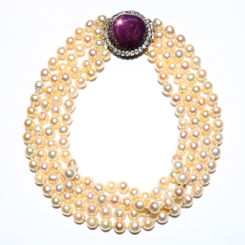 186 - A 155ct Burma no-heat star ruby and diamond cluster pearl necklace, the clasp can be detached to for... 