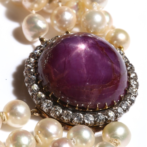 186 - A 155ct Burma no-heat star ruby and diamond cluster pearl necklace, the clasp can be detached to for... 