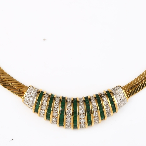 187 - UNOAERRE - an Italian 18ct gold emerald and diamond necklace, channel set with square-cut emeralds a... 