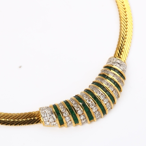 187 - UNOAERRE - an Italian 18ct gold emerald and diamond necklace, channel set with square-cut emeralds a... 