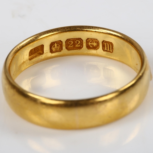 189 - An early 20th century 22ct gold wedding band ring, hallmarks Birmingham 1911, band width 4.4mm, size... 