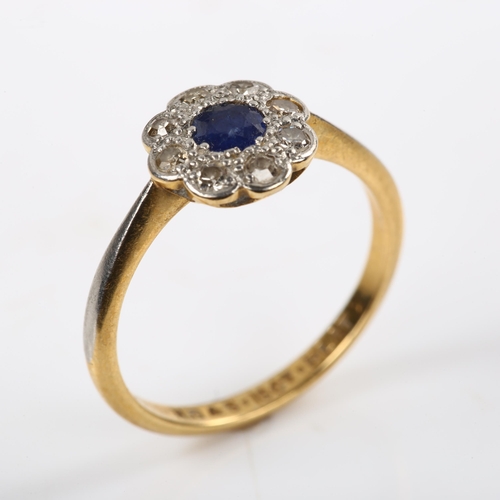 196 - An 18ct gold sapphire and diamond cluster flowerhead ring, set with round-cut sapphire and single-cu... 