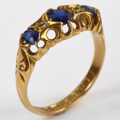 198 - An early 20th century 18ct gold five stone sapphire and diamond half hoop ring, maker's marks S U Lt... 