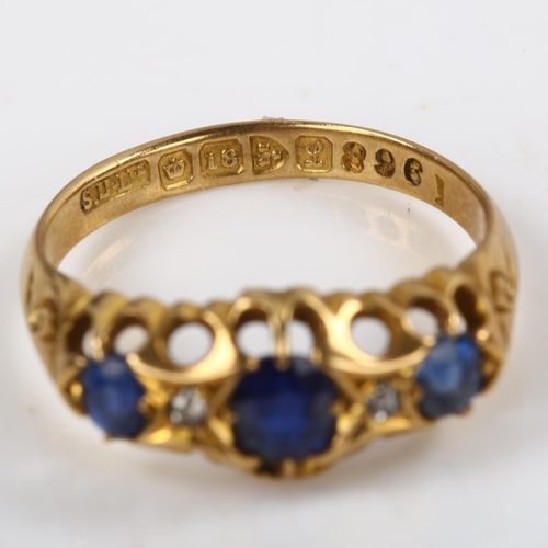 198 - An early 20th century 18ct gold five stone sapphire and diamond half hoop ring, maker's marks S U Lt... 