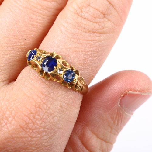 198 - An early 20th century 18ct gold five stone sapphire and diamond half hoop ring, maker's marks S U Lt... 