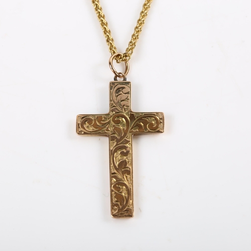 199 - A 9ct rose gold cross pendant necklace, with engraved foliate decoration, on 9ct fine link chain, pe... 