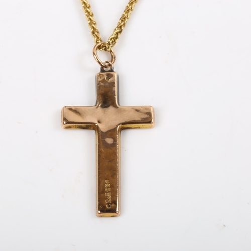 199 - A 9ct rose gold cross pendant necklace, with engraved foliate decoration, on 9ct fine link chain, pe... 