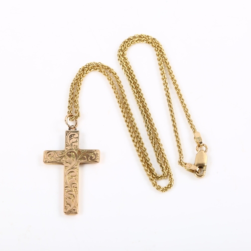 199 - A 9ct rose gold cross pendant necklace, with engraved foliate decoration, on 9ct fine link chain, pe... 