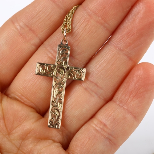 199 - A 9ct rose gold cross pendant necklace, with engraved foliate decoration, on 9ct fine link chain, pe... 