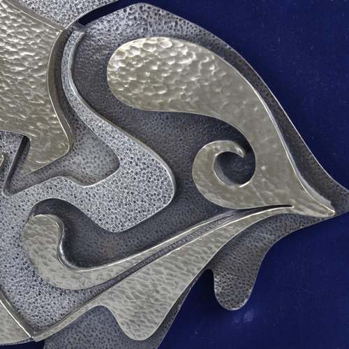 2014 - G Schoeman, relief composition metallic finish wall sculpture, Nouveau Fish, blue velvet background ... 