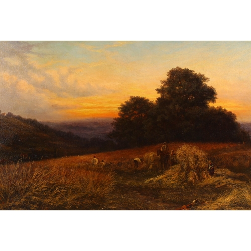 2017 - 19th century oil on canvas, harvest scene at sunset, indistinctly signed and dated 1880, 40cm x 61cm... 