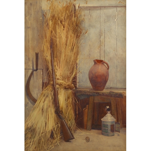 2023 - N J Stockwin, watercolour, circa 1900, still life study, the farm shed with shotgun, signed, 54cm x ... 