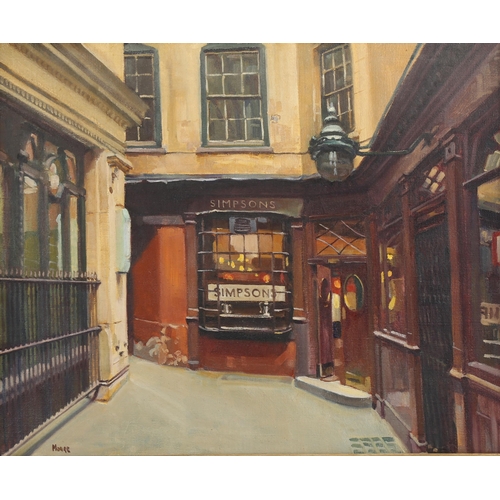 2025 - J E Moore, oil on canvas, Simpsons, Cornhill, signed with Exhibition label verso, 46cm x 56cm, frame... 