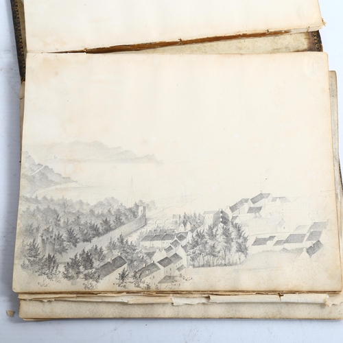 2027 - Mary Drew, 19th century leather-bound sketch album containing pencil drawings, including buildings a... 