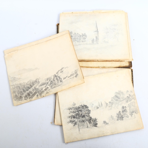 2027 - Mary Drew, 19th century leather-bound sketch album containing pencil drawings, including buildings a... 