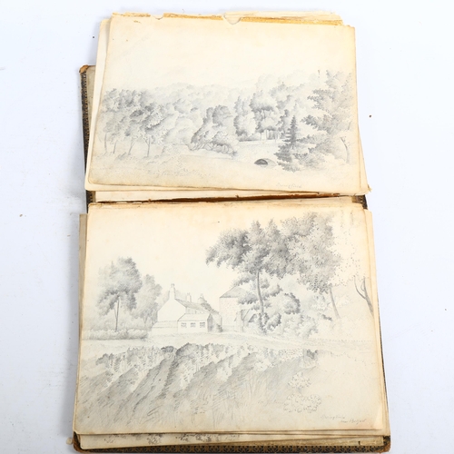 2027 - Mary Drew, 19th century leather-bound sketch album containing pencil drawings, including buildings a... 