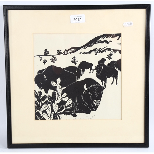 2031 - Mid-20th century Canadian School, woodblock print, bison, unsigned, image 23cm x 23cm, framed