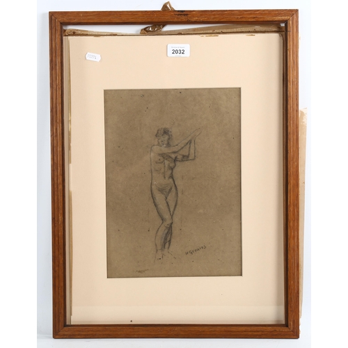 2032 - Walter Greaves (1846 - 1930), charcoal on paper, female nude, signed, 32cm x 23cm, framed