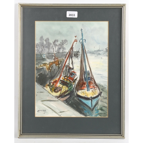 2033 - L'Eclair, mid-20th century watercolour, harbour scene, signed, 33cm x 25cm, framed