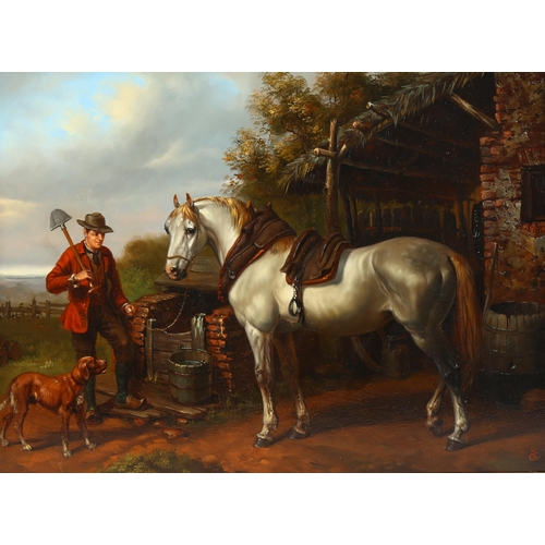 2039 - Contemporary oil on board, portrait of a man horse and dog by a stable, signed with monogram, 30cm x... 