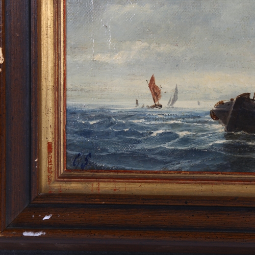 2045 - Mid-20th century oil on canvas, sailing barges on rough seas, signed with monogram GS, 20cm x 30cm, ... 