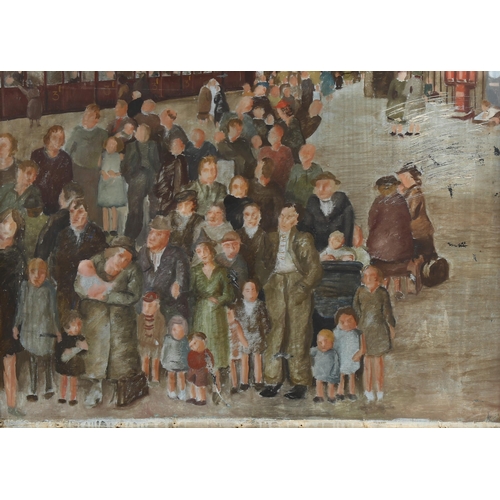 2047 - Mid-20th century oil on canvas laid on board, a busy train station platform, unsigned, 50cm x 72cm, ... 