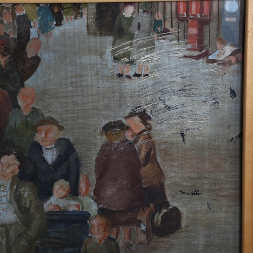 2047 - Mid-20th century oil on canvas laid on board, a busy train station platform, unsigned, 50cm x 72cm, ... 