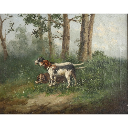 2051 - Pair of early 20th century oils on canvas, Gundogs in woodland, signed Vito, 21cm x 26cm, framed