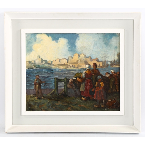 2054 - Early 20th century oil on board, Dutch harbour scene, indistinctly signed, dated 1917, 24cm x 29cm, ... 