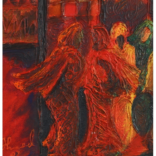 2055 - Contemporary impasto oil on canvas, abstract street scene with figures, indistinctly signed and date... 