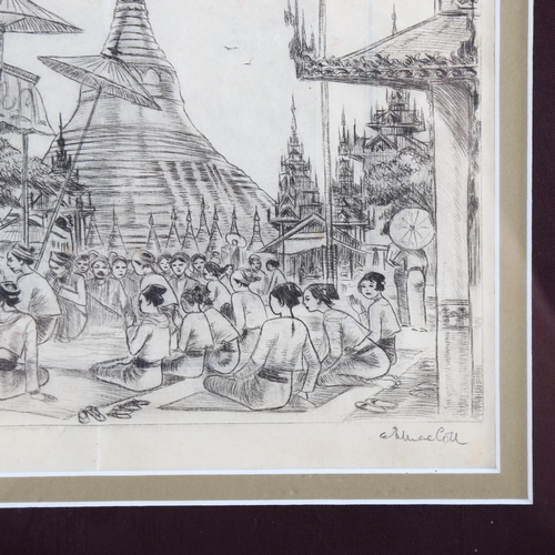 2057 - E MacColl, pair of etchings, scenes in Mandalay, largest 20cm x 24cm, mounted in common frame