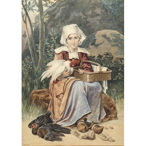 2063 - E Grace, 19th century watercolour, young woman with poultry, signed and dated 1872, 31cm x 23cm, fra... 