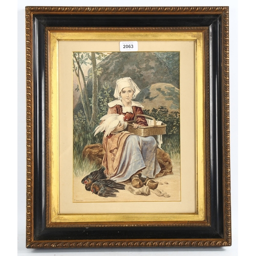 2063 - E Grace, 19th century watercolour, young woman with poultry, signed and dated 1872, 31cm x 23cm, fra... 