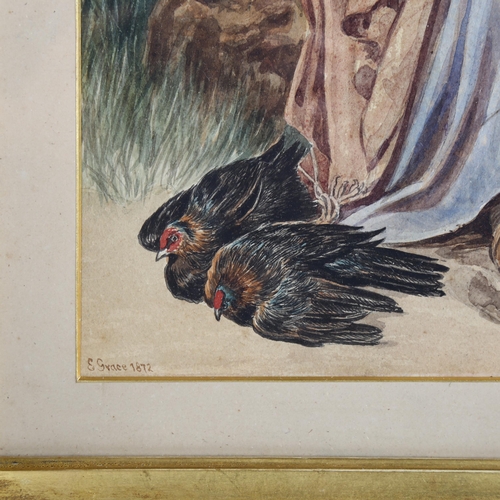 2063 - E Grace, 19th century watercolour, young woman with poultry, signed and dated 1872, 31cm x 23cm, fra... 