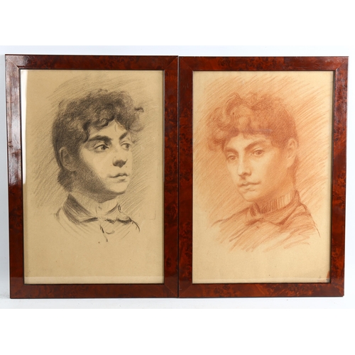 2064 - Alger Currier (1862 - 1911), pair of sanguine and black charcoal portrait drawings, 45cm x 30cm, fra... 