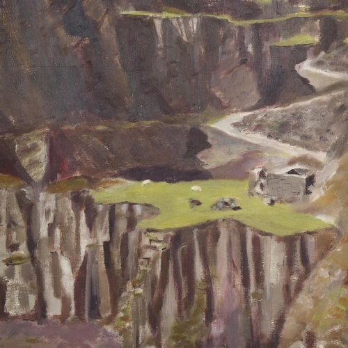 2066 - Mid-20th century oil on canvas, quarry scene with sheep, signed with red Studio stamp, 53cm x 42cm, ... 