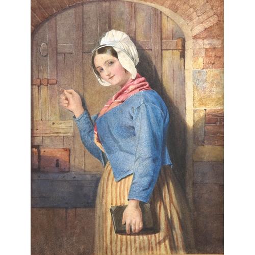 2069 - 19th century Dutch School, watercolour, woman at the door, unsigned, 30cm x 23cm, mounted