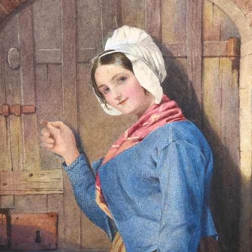 2069 - 19th century Dutch School, watercolour, woman at the door, unsigned, 30cm x 23cm, mounted