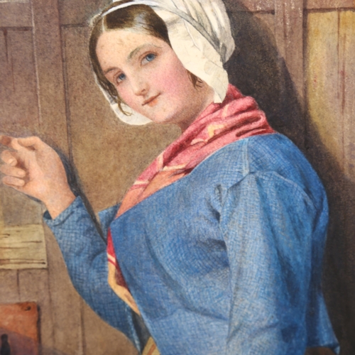 2069 - 19th century Dutch School, watercolour, woman at the door, unsigned, 30cm x 23cm, mounted