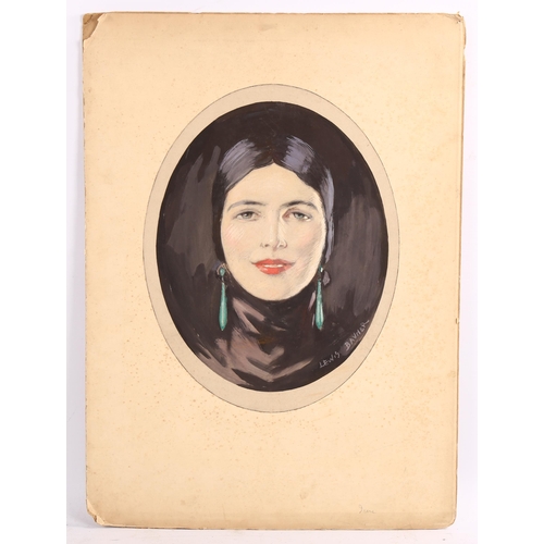 2070 - Lewis Baumer (1870 - 1963), oval watercolour, portrait of Irene, signed, original illustration from ... 