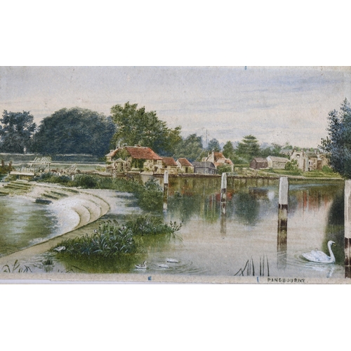 2077 - Robert W Fraser (1848 - 1906), watercolour, the Weir at Pangbourne, 10cm x 16cm, mounted