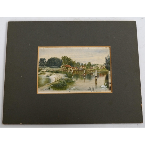 2077 - Robert W Fraser (1848 - 1906), watercolour, the Weir at Pangbourne, 10cm x 16cm, mounted