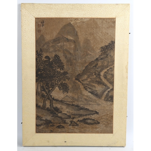 2085 - 19th century Japanese watercolour on paper, mountain landscape with inscription, in silk border, ove... 